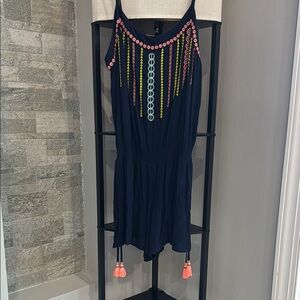 Lilly Pulitzer Women's Romper Large Embroidered Blue Pink Yellow Tassels